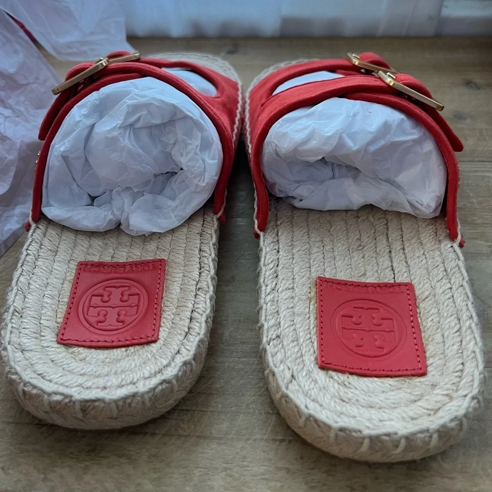 Tory Burch Two Band Flat Espadrille Slide in Bright Samba Kid Suede Size 8 New